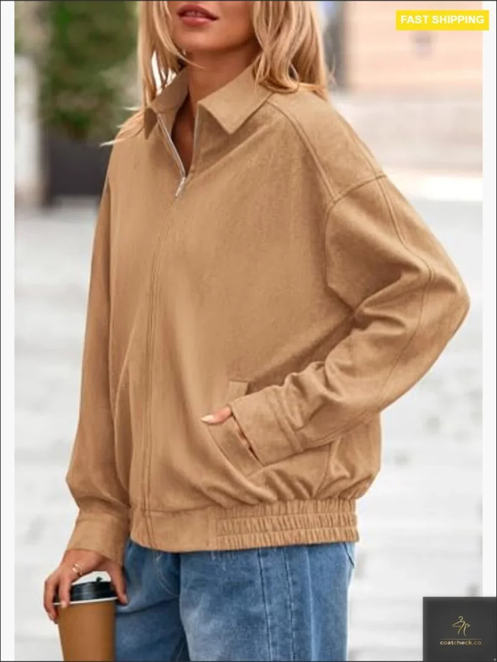 Faux Suede Bomber Jacket Oversized Relaxed Fit Zip Up Casual Outerwear - Picture 5 of 7